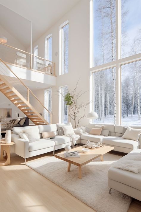 Two-story interior with large windows, outside Finnish winter nature with birch trees. White sofas and light wooden coffee table, soft luxurious white mat. Wooden stairs and glass railings White Modern Windows, Modern House With White Windows, White Windows Interior Modern, White Framed Windows, White Window Interior, Two Story Living Room Windows, Modern White Windows, White Interior Windows, 2 Story Windows