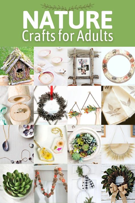 Combine your creativity and the calming feel of the great outdoors with these nature crafts for adults. You’ll transform found organic elements into beautiful creations for your home! Nature Based Crafts For Adults, Garden Club Craft Ideas, Crafts Made From Nature Materials, Diy Nature Decorations, Nature Crafts For Middle School, Summer Camp Crafts For Adults, Nature Mobile Diy, Nature Crafts Adults, Nature Activities For Adults