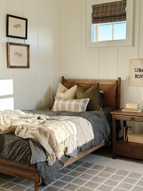 Boys Neutral Bedding, Boys Plaid Bedding, Mcgee And Co Kids Room, Classic Modern Rustic Bedroom, Boys Bedding Ideas Kids, East Coast Cottage Interiors, Green Plaid Bedroom, Amber Interiors Kids Room, Kids Room Bedding