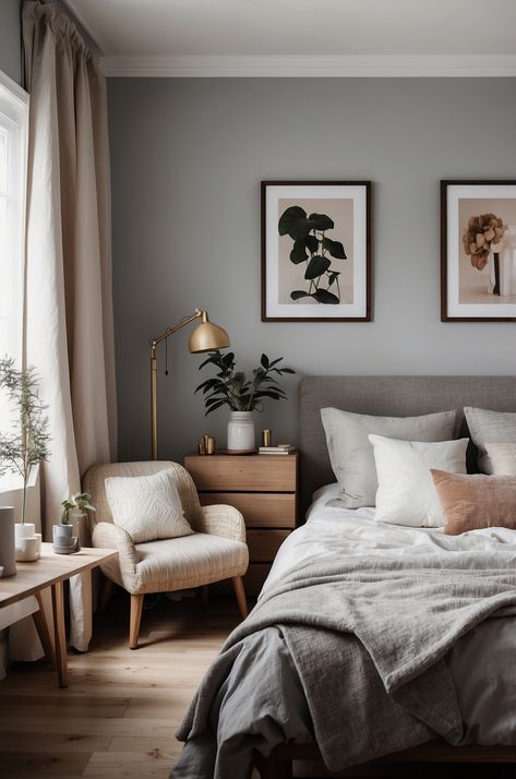 26 Home Bedroom Refresh Ideas » HomeQly.com Grey Main Bedroom Ideas, Light Grey Feature Wall Bedroom, Small Bedroom Ideas Grey Walls, Dark Grey Beige Bedroom, Grey Fabric Headboard Bedroom Ideas, Grey Bed Frame Decor Ideas, Bedrooms With Grey Furniture, Bedroom Ideas With Light Grey Walls, Bedroom Inspo Grey Walls