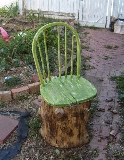 https://flic.kr/p/sd29zL | Old Broken Chair + Stump = Garden Chair | www.1001gardens.org/2015/04/old-broken-chair-stump-garden...  Sit back and enjoy the fruits of your labours with this garden seat made from an old log and a broken chair.  [symple_box color="gray" fade_in="false" float="center" text_align="left" width="100%"] Website: Dishfunctional Designs ! [/symple_box] Upcycle Garden, Diy Tree, Landscape Designs, Have Inspiration, Tree Stump, Garden Seating, Green Chair, Easy Garden, Art Sculptures