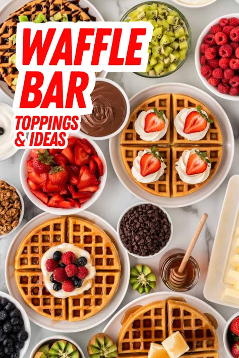 Tired of your typical butter and syrup waffle routine? Here are 10 easy (and mostly kid-friendly!) waffle toppings to help you take that homemade brunch up a couple notches! Because who said you had to get out of your pajamas to enjoy a majestic waffle bar, anyways? Mini Waffle Bar, Waffle Toppings Bar, Healthy Waffle Toppings, Waffle Decoration Ideas, Toppings For Waffles, Potluck Bars, Christmas Waffle Bar, Waffle Bar Ideas Brunch Party, Waffle Bar Toppings