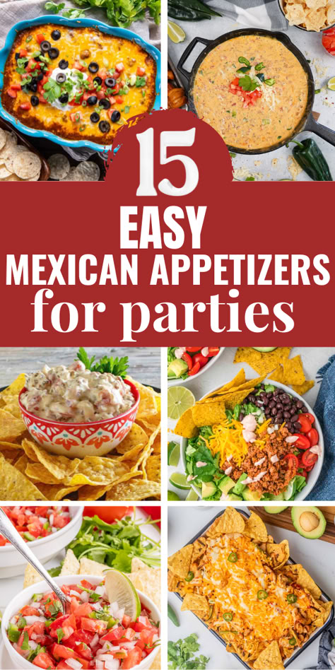 Photo collage of Mexican appetizers. Food For A Fiesta Party, Foods For Mexican Party, Good Mexican Party Food, Mexican Party Food Table Set Up, Easy Party Food Mexican, Mexican Shower Food, Easy Fiesta Food, Taco Party Ideas Appetizers, Food Ideas For Mexican Theme Party