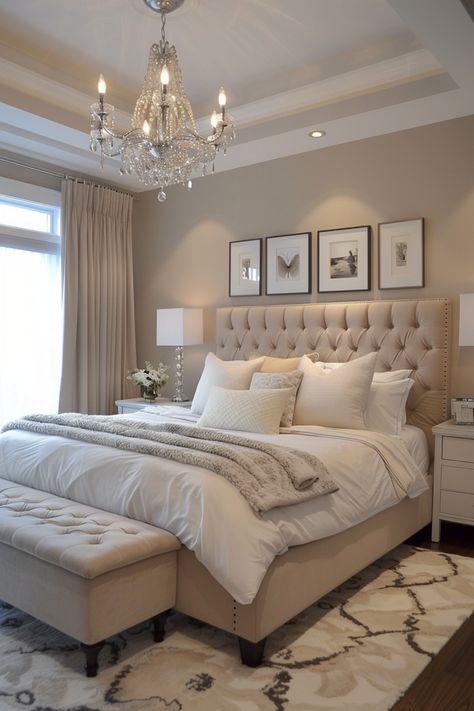 Discover the soothing elegance of beige bedrooms with our collection of inspiring ideas. Whether you love minimalistic decor or want to add a pop of color to your beige bedroom, we have tips and tricks to help you create a cozy and stylish space. Explore how beige walls can create a warm backdrop for your bedroom furniture and design elements. Add some greenery with plants for a touch of freshness in your serene beige master bedroom. Tan Guest Bedroom, Neutral Color Room Decor, Beige Room Decor Ideas, Bedroom Decor Furniture, Cozy Neutral Bedroom Ideas, Luxurious Bedroom Decor Ideas, Brown Upholstered Bedroom Ideas, Beige Master Bed, Masters Bedroom Designs