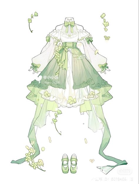 Flower Gown Drawing, Plant Dress Drawing, Flower Dress Design Drawing, Green Dress Drawing, Flower Dress Drawing, Vtuber Outfit Ideas, Flower Dress Art, Nature Outfits, Dress Design Drawing