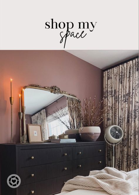 Tap to shop my moody feminine mauve small guest bedroom featuring an ikea dresser hack vintage fan Arhaus amelie mirror and Benjamin Moore Barberry wall paint. Mauve Painted Walls, Dusty Rose Guest Bedroom, Mauve Bedroom Ideas Modern, Barberry Benjamin Moore Bedroom, Bedroom Colours For Small Rooms, Mauve Master Bed, Dusty Rose Pink Bedroom, Dusty Pink And Black Bedroom, Brown Rose Bedroom