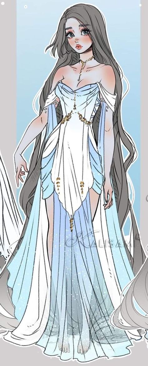 Evil Queen Drawing Character Design, Goddess Oc Outfit, Queen Clothes Drawing, Celestial Witch Art, Fantasy Dress Drawing Queens, Atlantis Outfit Ideas, Water Themed Outfits Drawing, Moon Fantasy Outfit, Cloud Dress Drawing