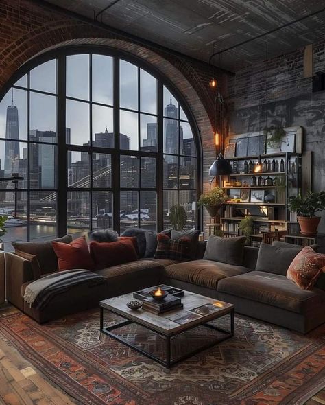 Industrial Chic Living Room, Loft Apartment Aesthetic, Loft Style Living Room, Loft Apartment Industrial, Loft Aesthetic, Monochromatic Living Room, Sleek Fireplace, Comfortable Apartment, Nyc Loft