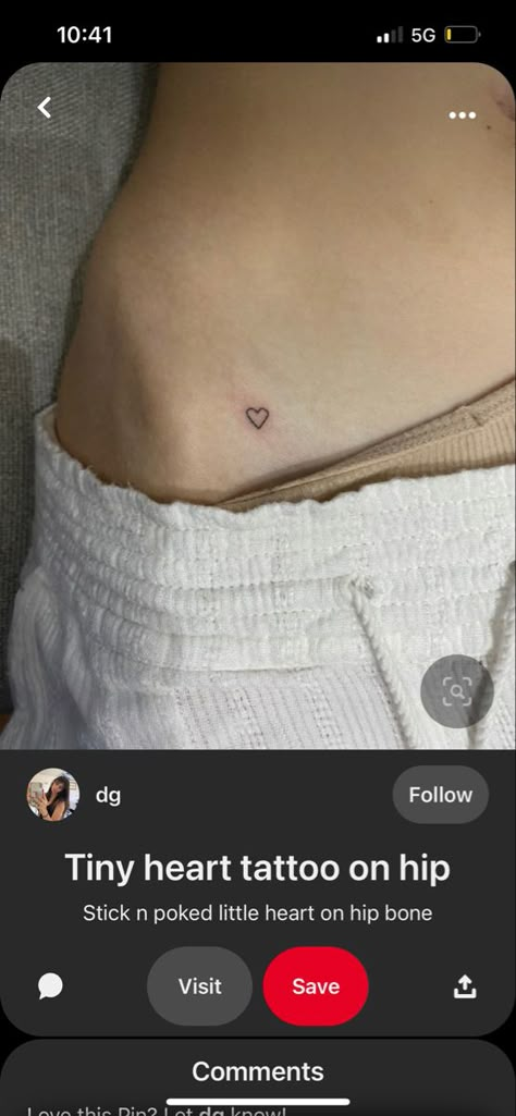 Heart Tattoo On Waist Line, Tiny Heart Tattoo On Hip, Heart Tattoo On Hip Bone, Stick And Poke On Hip, Tattoos Near The Crotch, Stick And Poke Tattoo On Hip, Heart Tattoo Waist, Tiny Tattoos On Hip, Red Heart Hip Tattoo