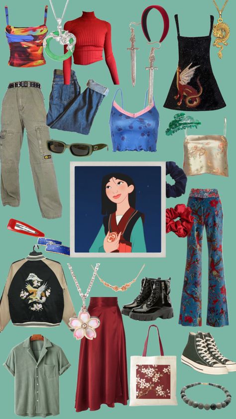 Mulan #disneyprincess #disney #mulan #outfitinspo #disneybound #disneyfashionseries #clothing #accessories Mulan Inspired Outfit Modern Disney, Mulan Disney Bounding, Mulan Disney Outfit, Mulan Outfit Ideas Modern Disney, Modern Mulan Outfit, Disney Modern Outfits, Outfits Inspired By Disney Princesses, Disney Princess Inspired Outfits Women, Mulan Modern Outfit