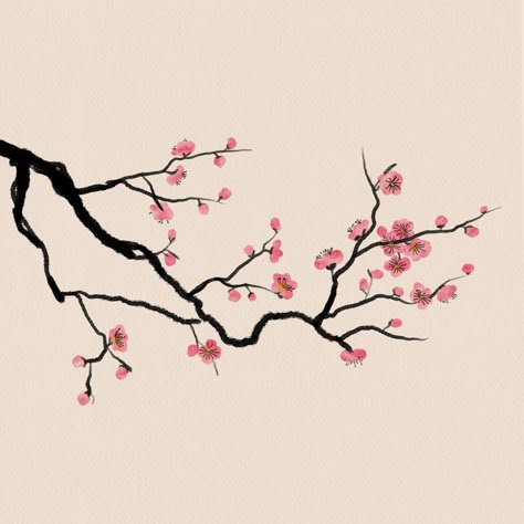 Korean Tree Drawing, Cherry Blossom Doodle Simple, Japanese Cherry Blossom Sketch, Cherry Blossom Illustration Drawings, Cute Cherry Blossom Drawing, Sakura Branch Drawing, Japan Watercolor Painting Easy, Painting Ideas Japan, Japan Line Art