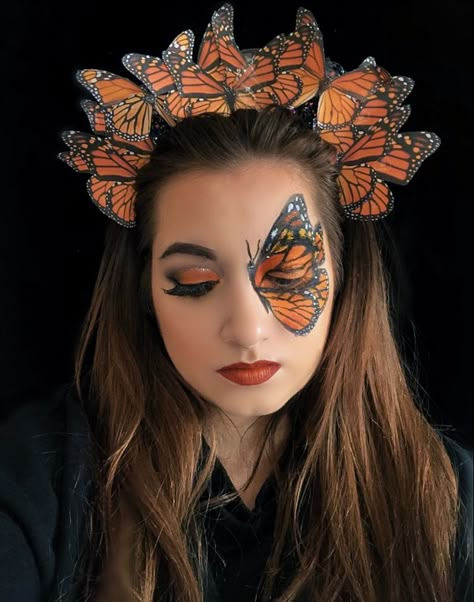 Butterfly Queen Makeup, Monarch Butterfly Halloween Costume, Monarch Butterfly Costume Women, Butterfly Costume Diy Women, Womens Butterfly Costume, Monarch Makeup, Halloween Butterfly Makeup, Butterfly Costume Makeup, Butterfly Makeup Easy