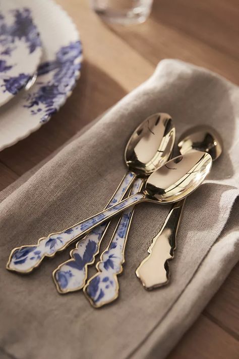 Anthropologie Gifts, Anthropologie Kitchen, Blue And White Dinnerware, French Gifts, French Toile, Tea Spoons, Toile Fabric, Cozy Room Decor, Blue China