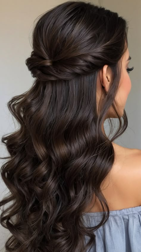 Looking for stunning bridesmaid hairstyles for long hair Whether you're planning a wedding or attending as a guest these elegant H a l f u p B r u n e t t e S i m p l e styles like H a l f u p h a l f d o w n s i m p l e or S i d e L o o s e c u r l s are sure to impress From sophisticated Updo curls to the boho-chic H a l f u p h a l f styles find your perfect wedding look with these easy and beautiful hairstyles Curly Hair Styles Elegant, Simple Hair Styles Medium Length Hair, Dark Brown Hair Trends, Medium Length Formal Hairstyles, Half Up Half Down Simple, Dark Brown Hair Ideas, Hair Graduation, Half Up Half Down Braid, Dark Brown Hair Color Ideas