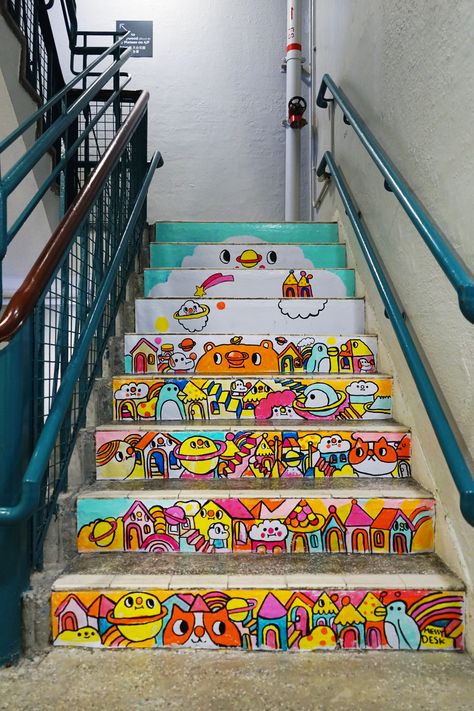 Wooden Ramp, Stair Art, Messy Desk, Open Stairs, Graffiti Piece, School Murals, Painted Stairs, Sky And Clouds, Cartoon Kids