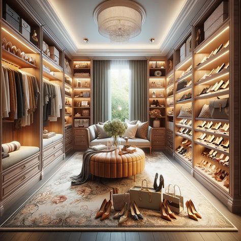 Walk In Closet With Seating Area, Cozy Walk In Closet, Womens Walk In Closet, Walk In Closet Design For Women, Fancy Walk In Closet, Huge Closets Luxury Walk In, Big Walk In Closet Luxury, Luxury Closet Designs Women, Luxury Walk In Closet Women