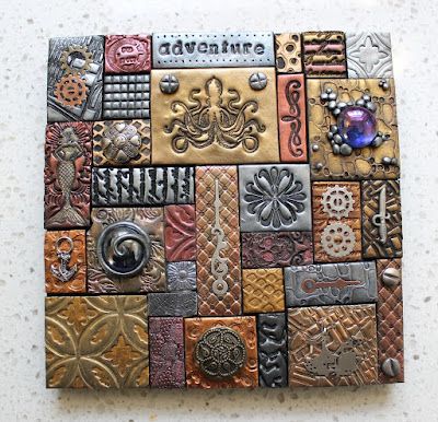 Polymer Clay Tiles, Clay Mosaic, Making Polymer Clay, Tile Adhesive, Mosaic Tile Designs, Mixed Media Mosaic, Metal Embellishments, Lee Ann, Tile Mosaic