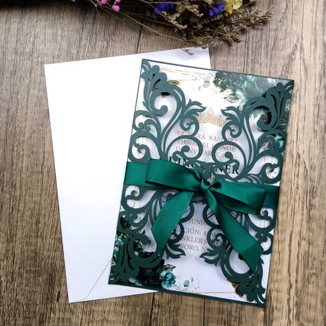 Emerald Green Quinceanera Theme, Green Quinceanera Theme, Emerald Green Wedding Theme, Ribbon Invitation, Quinceanera Themes Dresses, Quince Invitations, Green Invitations, Green Themed Wedding, Emerald Green Weddings