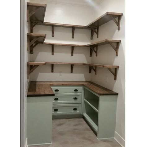 “Dream pantry is complete! Walls shiplap and painted @sherwinwilliams White Dove. Cabniets are @benjaminmoore Antique Jade and hardware is from…” Pantry Layout, Dream Pantry, Shop Barndominium, Kabinet Dapur, Pantry Shelving, Kitchen Pantry Design, Butlers Pantry, Pantry Ideas, Butler's Pantry