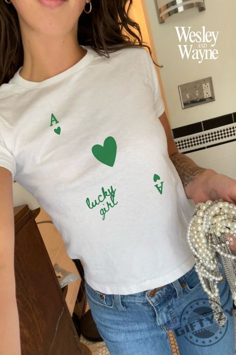 "Get Lucky with our Festive St Patrick's Day Shirt!" 90s Shirts Graphic Tees, St Pattys Day Outfit, Minimal Shirt Design, Lucky Girl Syndrome, Coquette Shirt, Baby Graphic Tees, Lucky Shirt, 90s Baby, Y2k Baby Tee