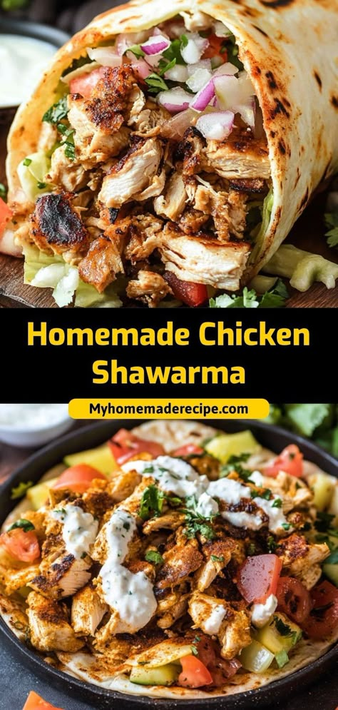 This homemade chicken shawarma is marinated, juicy, and filled with Mediterranean spices. Perfect for wraps or salads! Ingredients: 1 lb chicken thighs, marinated and grilled 1 tbsp shawarma seasoning 1 cup Greek yogurt ½ cup cucumber, sliced Serve this shawarma in pita bread or over rice Chicken Shawarma Spice Blend, Chicken Swarma Crock Pot, Filled Pita Bread, Greek Chicken Shawarma Recipe, Pita And Chicken Recipes, Middle Eastern Wraps, Easy Swarma Chicken Recipe, Chicken Thigh Shawarma, Chicken And Pita Bread Recipes