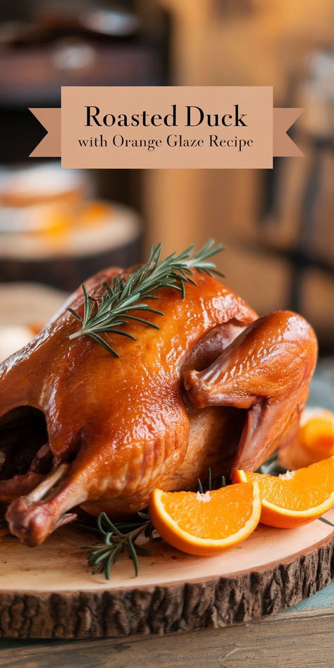 Impress your guests with this Roasted Duck with Orange Glaze. A beautifully roasted duck with a sweet, citrusy glaze makes for a memorable and elegant meal. Best Roasted Duck Recipe, Orange Glazed Duck Recipes, Duck Hors D’oeuvres, Duck Meals Dinners, Duck A L'orange, Roasted Duck Whole Recipe, Oven Roasted Duck Recipe, Roast Duck Recipes Christmas, Orange Duck Recipe