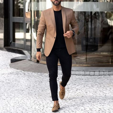 @menwithclass on Instagram: “👍🏽👎🏽? #menwithclass” Tan Blazer Outfits, Mens Designer Blazers, Blazers For Men Casual, Dubai Outfits, Jordan Amman, Blazer Outfits Men, Mens Business Casual Outfits, Blazer Outfits Casual, Classy Outfits Men