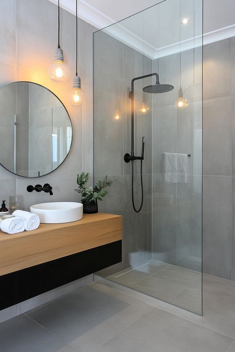 Simple Ensuite Bathroom Ideas, Minimalist Bathroom With Bathtub, Neutral Bathroom Black Fixtures, Showers With Black Fixtures, Darker Bathroom Ideas, Black White Gray Bathroom Ideas, Shower Tile Ideas Modern, Bathroom Ideas Black Fixtures, Monotone Bathroom