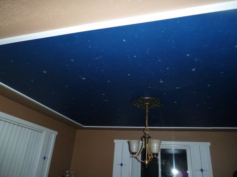 We painted our ceiling a midnight blue and added some stars which glow in the dark.  Surprisingly this is in the master bedroom which creates a very romantic sky when the lights go out. Midnight Blue Ceiling, Painted Ceilings, Blue Ceiling, Ceiling Paint, Small Beach Houses, Sky Ceiling, Dark Ceiling, White Molding, Blue Ceilings