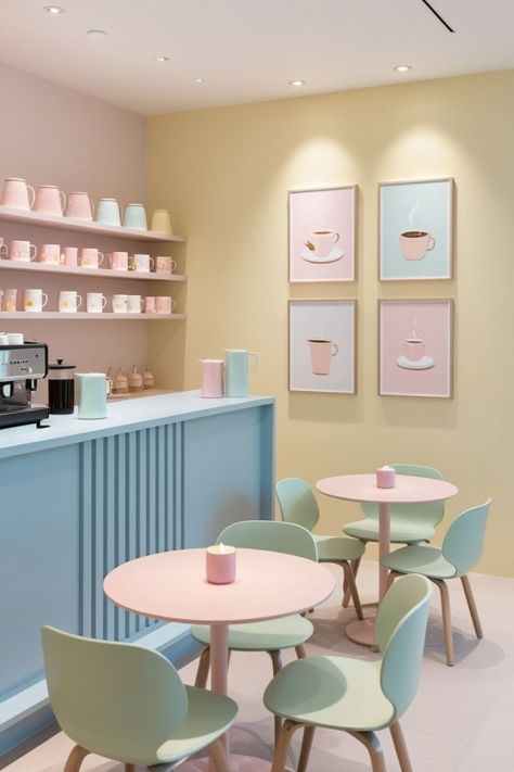 Round Pink Table, Cafe Seating Ideas Coffee Shops, Aesthetic Cafe Interior Pastel, Coffee Shop Table And Chairs, Small Cafe Counter Design, Pastel Yellow Interior, Cozy Cafe Ideas, Cafe Wall Color, Cute Store Aesthetic