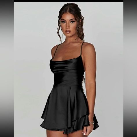 Short black Dress for every and any occasion, dressy and/or summer! Cute Black Dresses Short, Satin Short Dresses, Grade 9 Grad Dresses, Vestidos Satin, Satin Backless Dress, Satin Short Dress, Short Black Dress, Short Noir, Short Party Dress