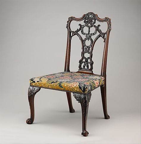 Side Chair, c.1755–60  after a design by Thomas Chippendale  (1718–1779)  Mahogany; tent stitch embroidery on canvas Interesting Chairs, Chippendale Design, Chippendale Furniture, Embroidery On Canvas, Thomas Chippendale, Chippendale Chairs, Georgian Furniture, Chinese Chippendale, English Furniture