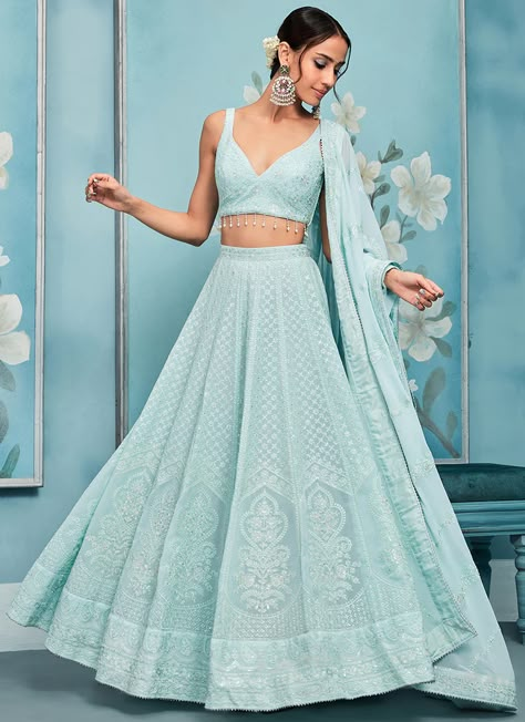 Simple Pretty Lehengas, Sky Blue Traditional Dress, Pale Blue Lehenga, Sky Blue Lehenga Party Wear, Lehenga Simple Elegant Classy, Sky Blue Indian Outfits, Light Blue Lehenga Bridal, Sky Blue Lehenga Wedding, Sky Blue Dress Indian