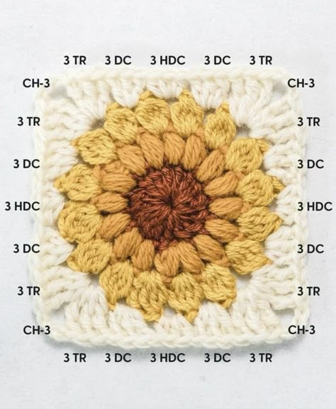 Granny Square Flowers Patterns, Sarah Maker, Sunflower Granny Square Pattern, Crochet Sunburst, Sunflower Granny Square, Motifs Granny Square, Crochet Granny Square Tutorial, Sunburst Granny Square, Granny Square Crochet Patterns Free