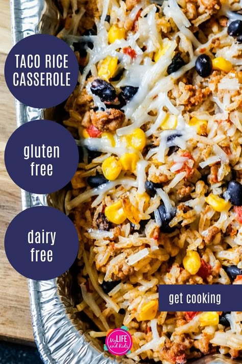 This easy, healthy recipe is gluten free, dairy free AND perfect for the freezer. My entire family loves this Taco Rice Casserole (made without beef). It tastes delicious, and it's a great freezer meal to make ahead and whip out for a quick dinner for our family or to feed a crowd. While this recipe gives dairy free and gluten free modifications, it does not HAVE to be dairy free or gluten free. Make it for dinner tonight or to keep your freezer stocked. Taco Rice Casserole, Casserole Dairy Free, Gluten Free Dairy Free Dinner, Taco Rice, Dairy Free Recipes Dinner, Dairy Free Dinner, Gluten Free Meals, Gluten Free Recipes For Dinner, Dairy Free Gluten Free