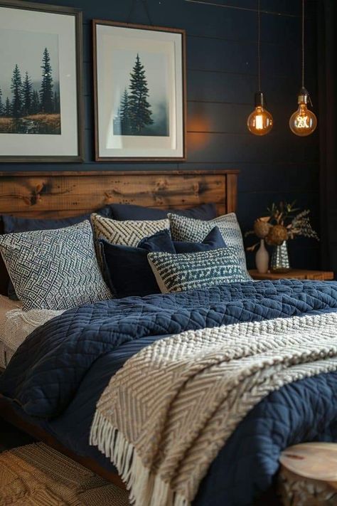 Bedroom Ideas Low Light, Darker Room Ideas, Manly Farmhouse Decor, Minimalist Cabin Decor, Dark Green Masculine Bedroom, Mountain Guest Bedroom, Farmhouse Modern Bedroom Ideas, Mountain Themed Guest Room, Bedroom Inspirations Master Color Schemes Light Blue