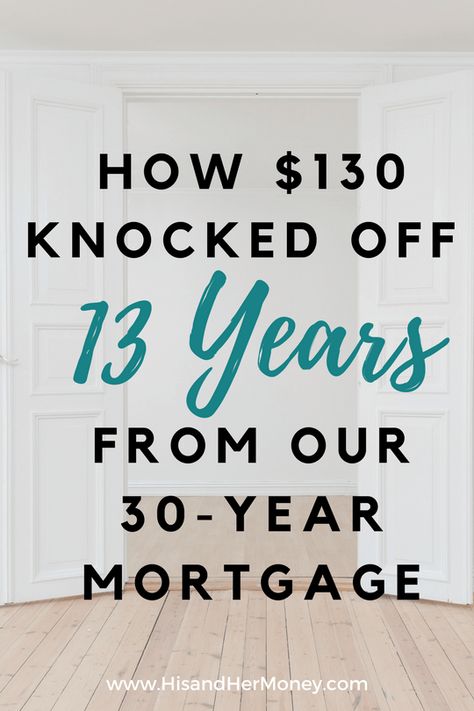 How $130 Knocked Off 13 Years From Our 30 Year Mortgage | His & Her Money Mortgage Savings Plan, Payoff Mortgage Early, Mortgage Payoff Tips, Pay Mortgage Faster, Paying Off Mortgage Early, Mortgage Payment Hacks, Mortgage Payment Hack, How To Pay Off Mortgage Early, Mortgage Hacks