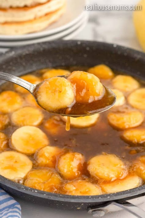 Bananas Breakfast Recipes, How To Make Banana Foster Recipe, Banana Foster Breakfast, Bananas And Honey, Bananas Foster Sauce Easy, Banana Topping For French Toast, Banana Compote Recipe, Pancakes With Banana Topping, Banana Foster Banana Bread