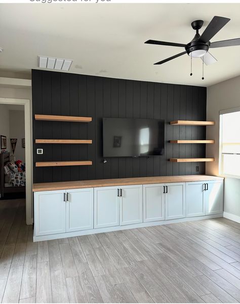 Half Wall Entertainment Center, Built In Shelves Living Room With Tv Diy, Entertainment Shelf Ideas, Diy Media Cabinet Built In, 85inch Tv Living Room, Built In Wall Storage Living Room, Wall Storage Around Tv, Tv Wall With Coffee Corner, Built In Entertainment Center Living Room