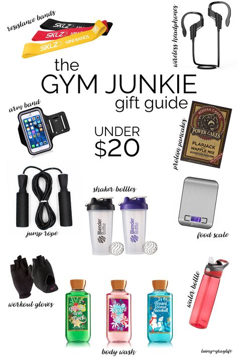 FITNESS GIFT GUIDE. Perfect gifts for the gym junkie in your life. All under $20! | Gym Junkie Gift Guide Fitness Gift Basket, Fitness Gift Guide, Fitness Gifts For Men, Fitness Gift Ideas, Crossfit Gifts, Gifts For Gym Lovers, Gifts For Clients, Gym Bro, Unisex Christmas Gifts