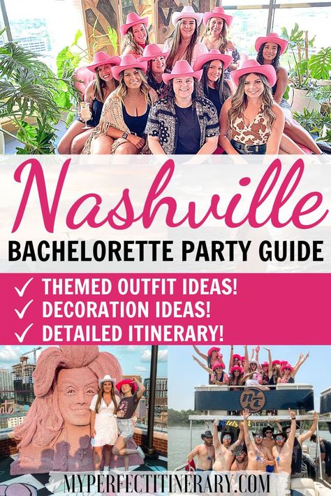 Are you planning a NASHBASH (AKA a Nashville Bachelorette Party)?! When I was the MOH planning my sister's bachelorette party, there was not enough help online. In this guide, I detail bachelorette themed outfit ideas, nashville bachelorette decorations, a detatiled nashville bachelorette itinerary, and SO Much more! I seriously dive into too much detail on this guide, and I can't wait to share it with you! #nasvhillebachelorette #nashbash #bacheloretteinnashville #nashvilletravel Different Bachelorette Themes, Themed Outfit Ideas, Outfit Ideas Nashville, Free Bachelorette Party Games, Nashville Bachelorette Party Outfit, Bachelorette Party In Nashville, Nashville Itinerary, Bachelorette Outfit Themes, Goodie Bag Ideas