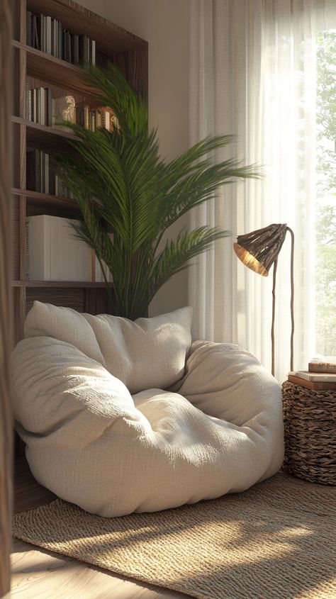 Transform your space with this cozy reading nook design. Featuring a plush armchair, reclaimed wood accents, and ambient lighting, it invites relaxation. Perfect for nature lovers who cherish comfort! 🌱✨ #CozyNook #ReadingCorner #InteriorDesign #midjourney Bean Bag Room Decor, Comfy Chairs For Bedroom Aesthetic, Comfy Corner In Bedroom, Spare Room Reading Nook, Comfy Room Chairs, Beanbag Reading Corner, Chair For Reading Corner, Armchair Bedroom Reading Corners, Small Corner Sitting Area