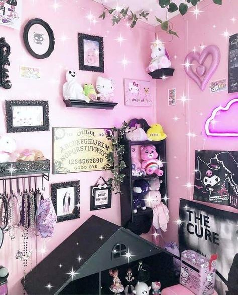 Pastel Goth Bedroom Ideas, Day Bed Room, Goth Room Ideas, Cozy Kitchen Ideas, Pastel Goth Room, Goth Bedroom Ideas, Garage Door Ideas, Emo Room, Pastel Goth Decor