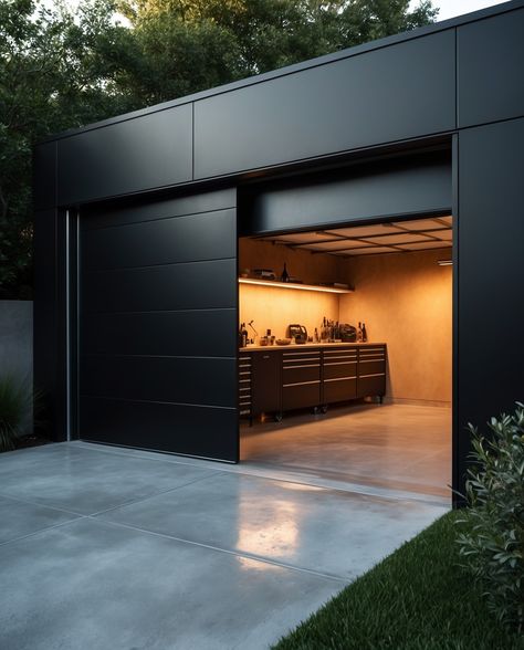 Matte Black Garage 🖤🖤🖤 Modern Garage Design Interior, Rich Garage, Garage House Ideas, Luxury Garage Design, Motorcycle Garage Ideas, Man Cave Garage Ideas, Modern Garage Design, Aesthetic Garage, Garage Architecture