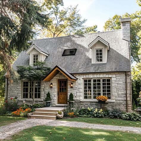 This charming cottage features a classic stone exterior, steep roof with dormer windows, and a welcoming wooden front door. Surrounded by a lush, landscaped garden with blooming flowers and greenery, the large windows brighten the interior. A stone pathway leads to the entrance, enhancing the cottage's quaint and inviting atmosphere, making it the perfect Pinterest-worthy retreat. Single Story Houses Exterior, Country House Small Cottage Style, Cottage With French Doors, Tutor Homes Exterior English Cottages, Stone House Windows, Cute House Entrance, Large Cottage Style Homes, Front Gable House, Small Stone Cottage House Plans