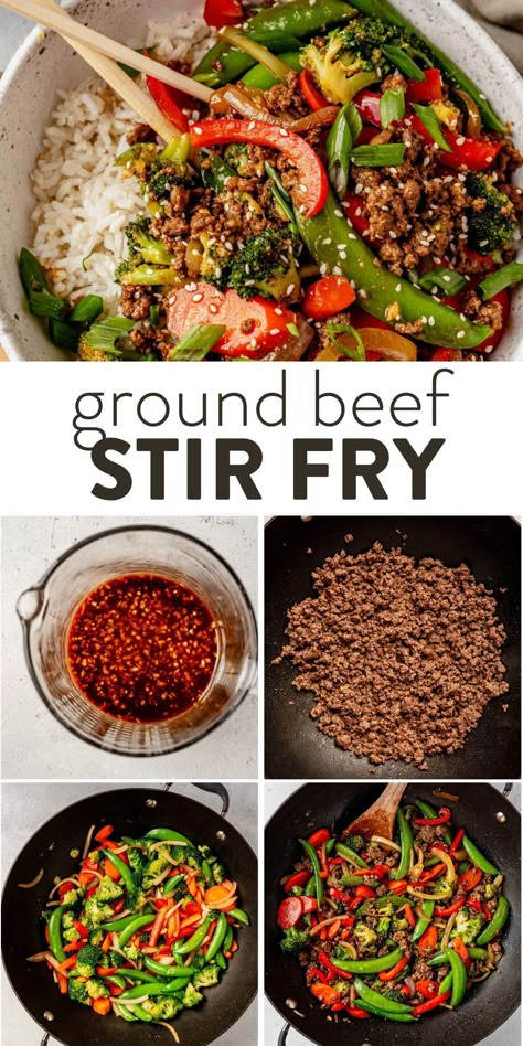 This healthy ground beef stir fry is made with homemade stir fry sauce, lean ground beef, and fresh veggies, all served on a bed of warm rice. It's the perfect weeknight meal the whole family will love. Macro Friendly Stir Fry Recipes, Ground Beef Stir Fry Sauce, Simple Healthy Stir Fry, Teriyaki Ground Beef Stir Fry, Healthy Dinners With Beef, Mediterranean Ground Beef Stir Fry, Ground Beef Rice And Veggies, Asian Ground Beef Stir Fry, Easy Healthy Recipes With Ground Beef