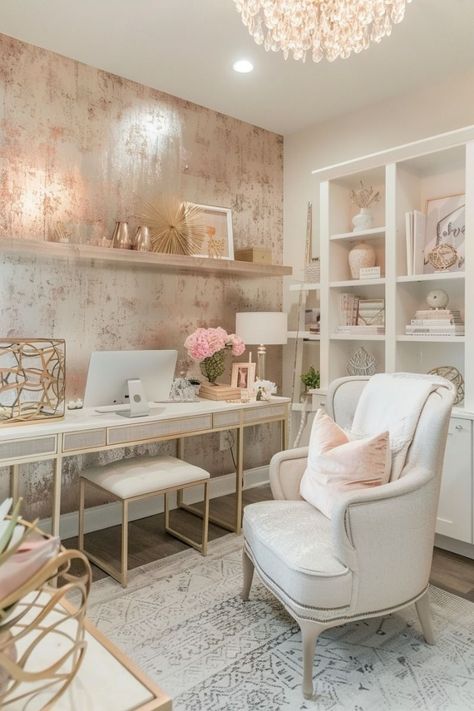 Pink Walls Office Ideas, Pink Aesthetic Office Ideas, Lady Office Ideas, Office Dressing Room Combo, Girly Office Ideas, Cute Office Ideas, Female Office Ideas, Light Pink Office, Female Home Office