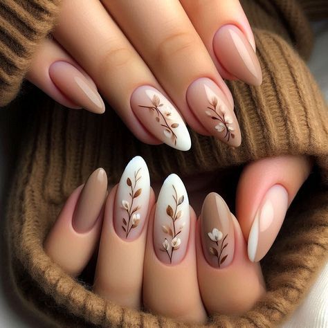 Simple French Tip With Design, Minimalist Nails Almond Fall, Ren Fest Nails, Gel Nail Art Natural Nails, Simple Floral Nail Designs, Natural Nail Nail Art, Nature Aesthetic Nails, New Nail Trends Fall 2024, Plant Nail Ideas