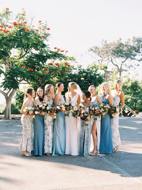 Looking for blue bridesmaid ideas? Look no further than this seaside wedding in shades of blue and pink! Pink And Blue Bridesmaid Dresses, Shades Of Pink Bridesmaids, Shades Of Blue Bridesmaid Dresses, Ocean Blue Bridesmaid Dresses, Mixed Bridesmaid Dresses, Mismatched Bridesmaid Dresses Blue, Wedding Pallet, Bridal Party Color Schemes, Scripps Seaside Forum