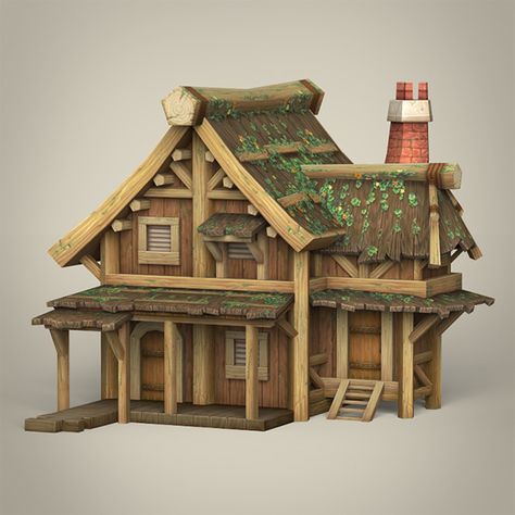 Game Ready Wooden House. 3D model of a building. #architecture #building #exterior #fantasy #game #historic #home #house #low #lowpoly #material #medieval #poly #roof #structure #sweet #texture #wood #wooden Medieval Diorama, Cat Bar, Wooden House Design, Wooden Architecture, Wood Roof, Wooden Buildings, Medieval Houses, 3d Architecture, Fantasy Homes